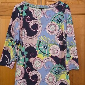 Talbots Dress L Paisley Print‎ Boat Neck Button Shoulder Shift Dress
